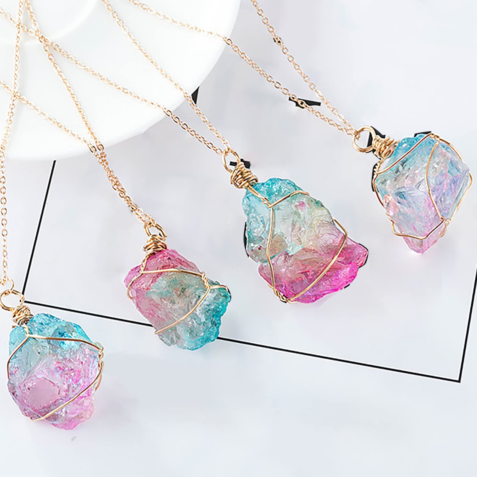 Obeon Natural irregularity Rainbow Stone Natural Crystal Rock Necklace Golden Chain Plated Quartz Pendant Unique Jewelry Gift (1PC) Multicolor