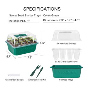 VIVOSUN 6-Pack Seed Starter Trays, 72-Cell Seed Starter Kit with Humidity Dome, Flat Reusable Plant Germination Trays with Drain Hole, Green Propagation Tray for Planting Seeds