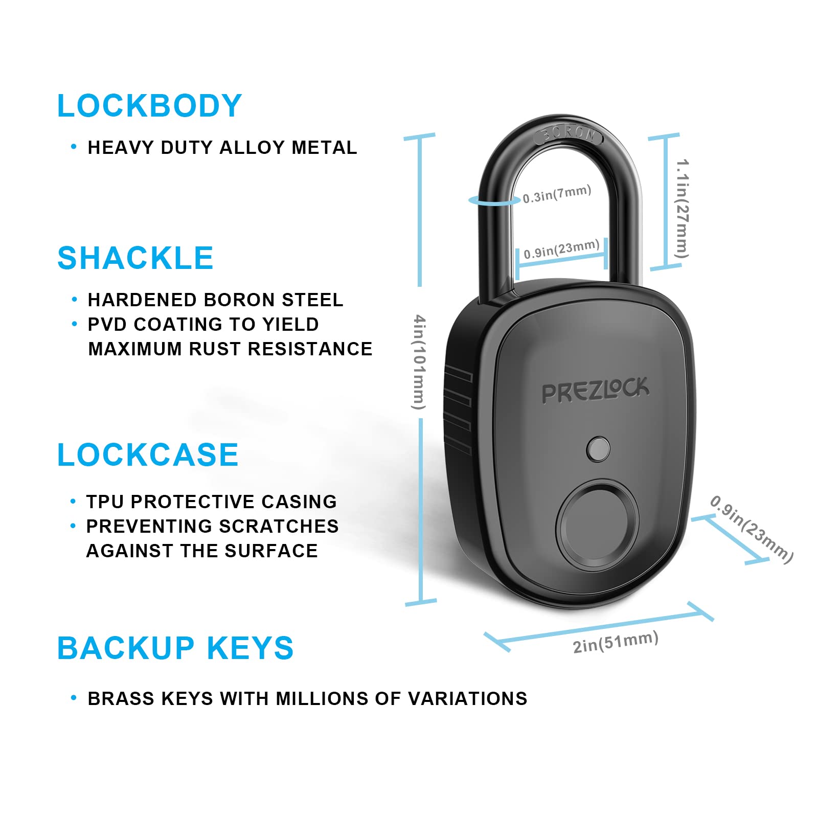 Fingerprint Padlock with Key Backup, 2keys, Prezlock, Smart Padlock with Keyless Biometric, Suitable for Outdoor and Heavy Duty, IP65 Waterproof.