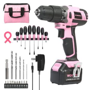 workpro pink cordless 20v lithium-ion drill driver set & 8 piece magnetic screwdrivers set- pink ribbon