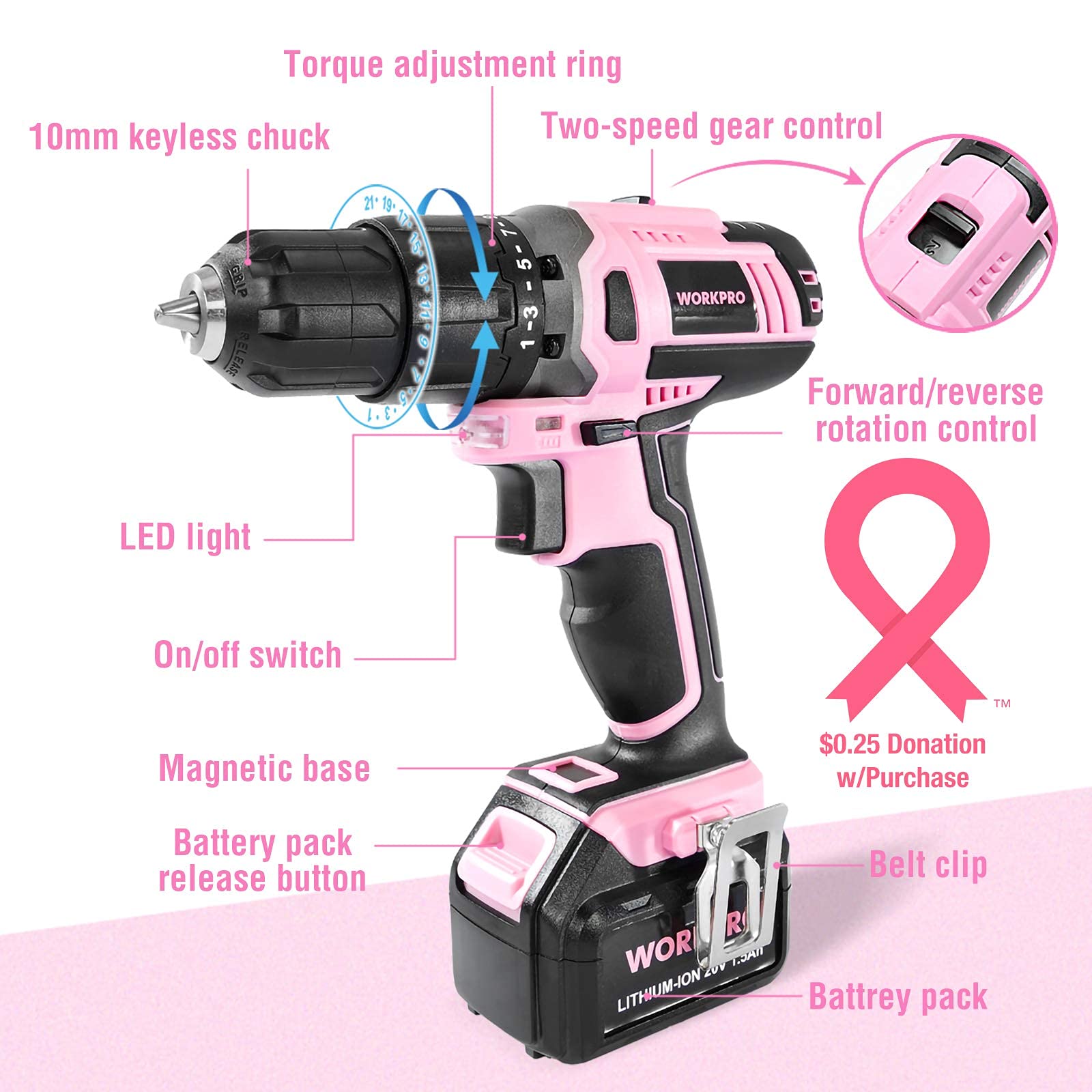 WORKPRO Pink Cordless 20V Lithium-ion Drill Driver Set & 8 Piece Magnetic Screwdrivers Set- Pink Ribbon
