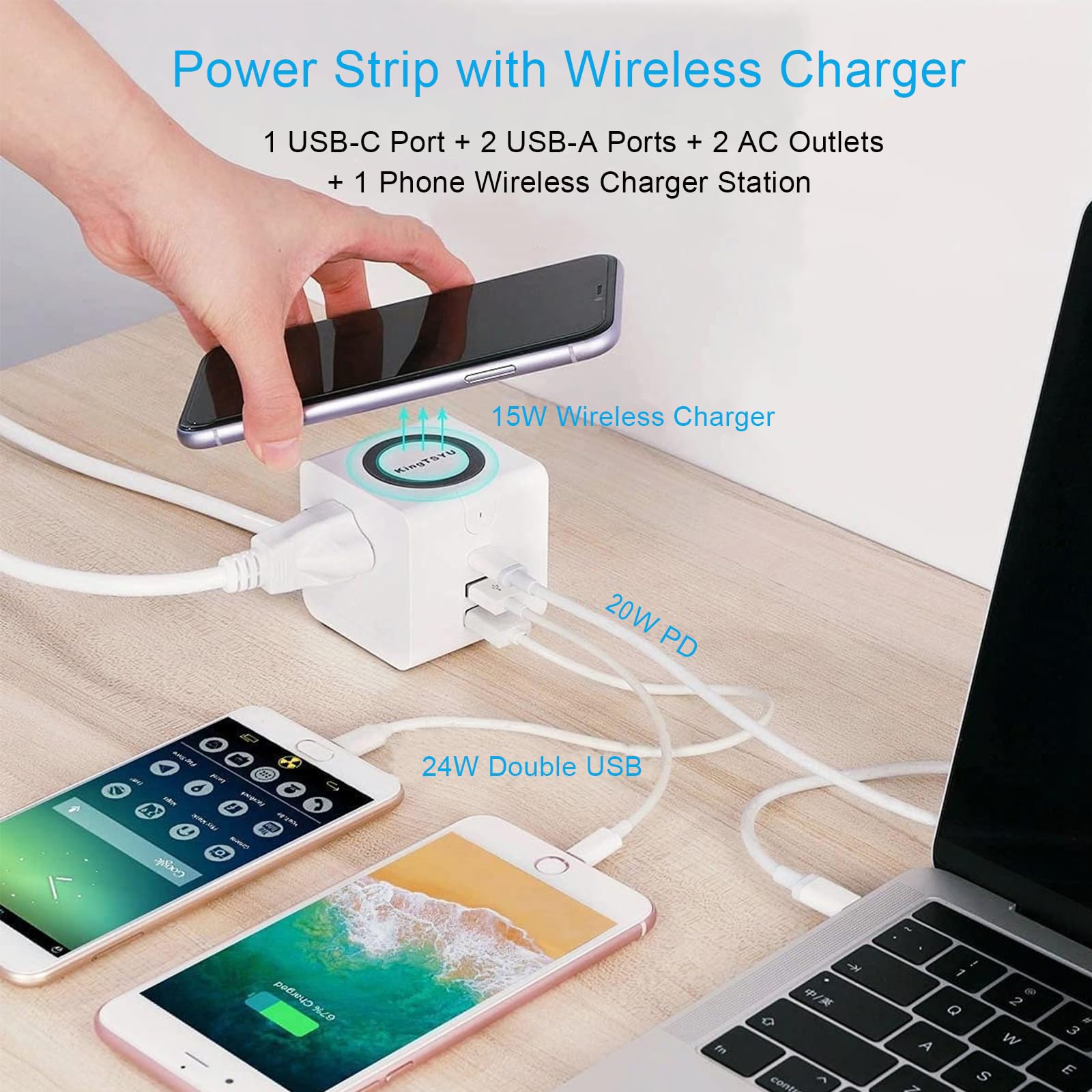 Power Strip with USB C Ports, KingTSYU Travel Surge Protector Tower Extension Cord with PD 20W/2USB A/2AC Outlets/Phone Wireless Charger,Fast Charging Power Delivery for Dorm Home Office