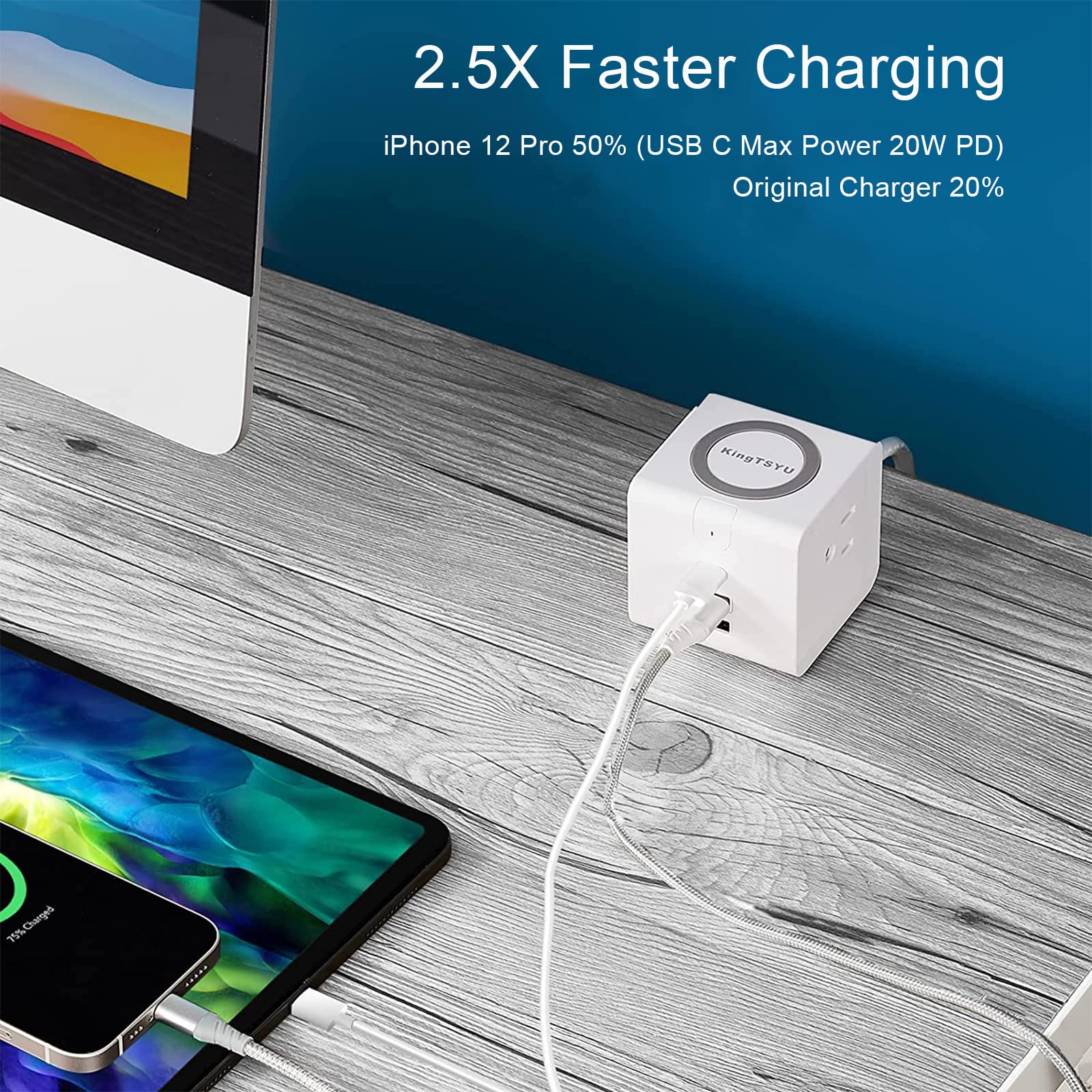 Power Strip with USB C Ports, KingTSYU Travel Surge Protector Tower Extension Cord with PD 20W/2USB A/2AC Outlets/Phone Wireless Charger,Fast Charging Power Delivery for Dorm Home Office