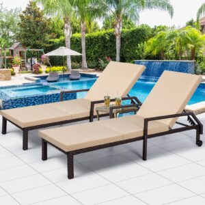 aecojoy outdoor lounge chairs set of 2, outdoor chaise lounge with thickened cushion and adjustable backrest for poolside backyard deck porch garden, brown rattan with beige cushion