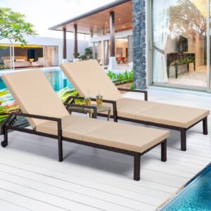 AECOJOY Outdoor Lounge Chairs Set of 2, Outdoor Chaise Lounge with Thickened Cushion and Adjustable Backrest for Poolside Backyard Deck Porch Garden, Brown Rattan with Beige Cushion