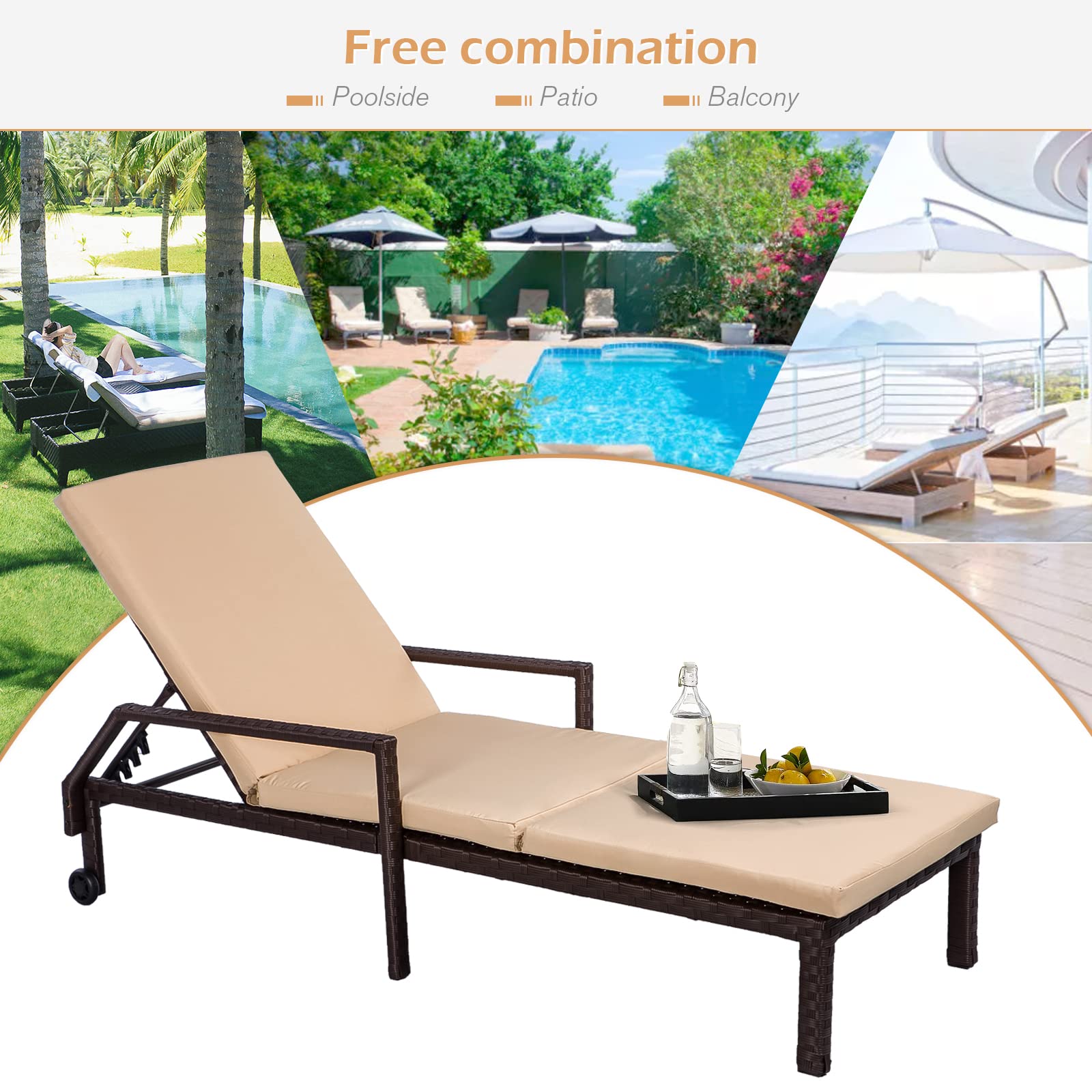 AECOJOY Outdoor Lounge Chairs Set of 2, Outdoor Chaise Lounge with Thickened Cushion and Adjustable Backrest for Poolside Backyard Deck Porch Garden, Brown Rattan with Beige Cushion