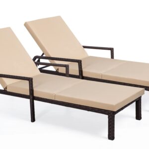 AECOJOY Outdoor Lounge Chairs Set of 2, Outdoor Chaise Lounge with Thickened Cushion and Adjustable Backrest for Poolside Backyard Deck Porch Garden, Brown Rattan with Beige Cushion