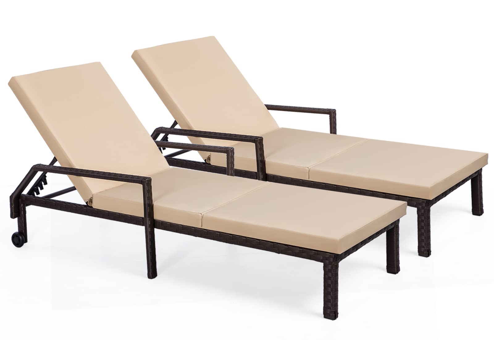 AECOJOY Outdoor Lounge Chairs Set of 2, Outdoor Chaise Lounge with Thickened Cushion and Adjustable Backrest for Poolside Backyard Deck Porch Garden, Brown Rattan with Beige Cushion