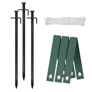 heavy duty steel tree stake kits,tree staking and supports kits for young trees against bad weather, include 3 pcs tree straps for staking, 3 pcs 11.8 inch tree stakes and 31.2 feet rope for anchoring