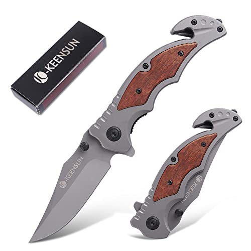 KEENSUN Pocket Folding Knife with Glass Breaker and Belt Cutter–Tactical Knife, Hunting Knife, Flipper Knife,EDC Knife.Thumb stud Assisted Opening Knifes with Liner Lock and Pocket clip.Good for Camping, Hiking, Indoor and Outdoor Activities.