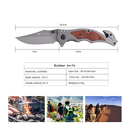 KEENSUN Pocket Folding Knife with Glass Breaker and Belt Cutter–Tactical Knife, Hunting Knife, Flipper Knife,EDC Knife.Thumb stud Assisted Opening Knifes with Liner Lock and Pocket clip.Good for Camping, Hiking, Indoor and Outdoor Activities.