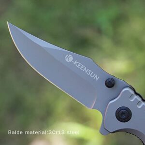 KEENSUN Pocket Folding Knife with Glass Breaker and Belt Cutter–Tactical Knife, Hunting Knife, Flipper Knife,EDC Knife.Thumb stud Assisted Opening Knifes with Liner Lock and Pocket clip.Good for Camping, Hiking, Indoor and Outdoor Activities.