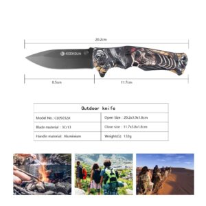 KEENSUN Pocket Folding Knife –Tactical Knife,Hunting Knife,Flipper Knife,EDC Knife.Speed Safe Spring Assisted Opening Knifes with Liner Lock,Thumb stud and Pocketclip.Good for Camping,Hiking,Indoor and Outdoor Activities,Skeleton King 3D Printing patterns