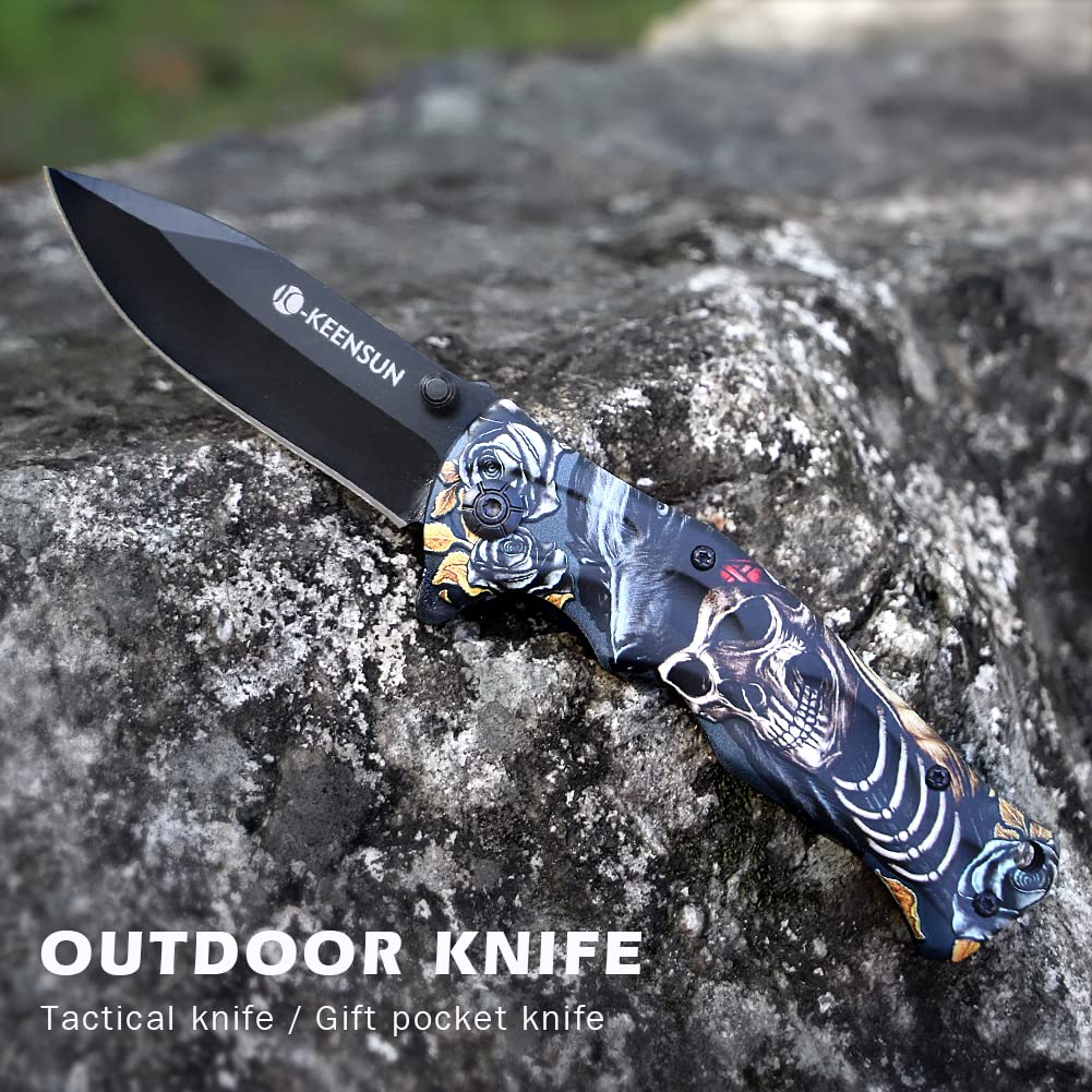 KEENSUN Pocket Folding Knife –Tactical Knife,Hunting Knife,Flipper Knife,EDC Knife.Speed Safe Spring Assisted Opening Knifes with Liner Lock,Thumb stud and Pocketclip.Good for Camping,Hiking,Indoor and Outdoor Activities,Skeleton King 3D Printing patterns