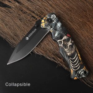 KEENSUN Pocket Folding Knife –Tactical Knife,Hunting Knife,Flipper Knife,EDC Knife.Speed Safe Spring Assisted Opening Knifes with Liner Lock,Thumb stud and Pocketclip.Good for Camping,Hiking,Indoor and Outdoor Activities,Skeleton King 3D Printing patterns