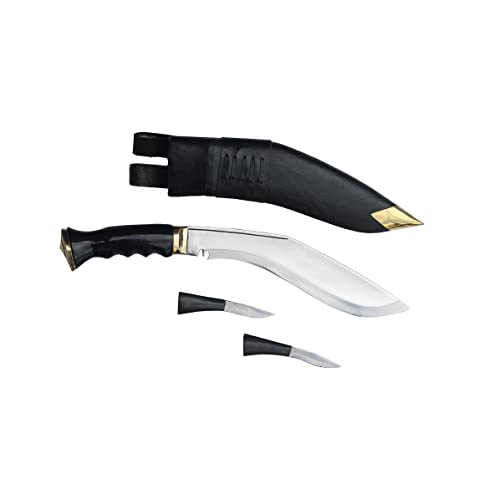 ESK GROUP ESK HANDMADE KUKRI KNIFE MACHETE - 10.5 INCH CARBON STEEL BLADE and 5 INCH HORN HANDLE WITH BLACK COLOUR GENUINE LEATHER SHEATH AND TWO SMALL KNIVES, MADE IN NEPAL