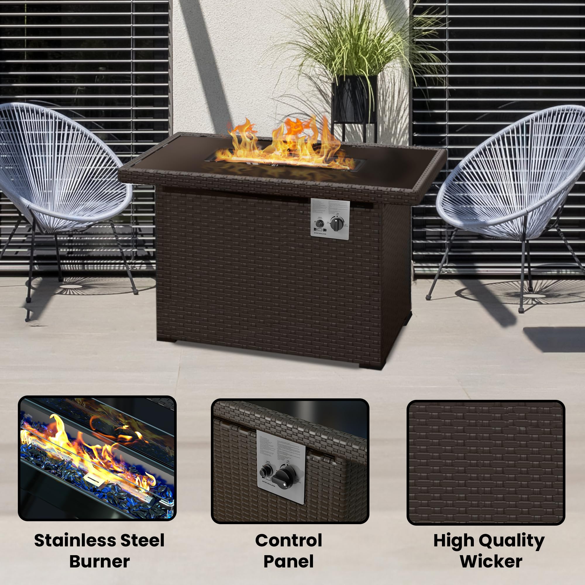 PRIMETEK 2-in-1 Fire Pit Table for Patio, Brown Wicker - 44", 50,000 BTU, Wind Guard, and Glass Rocks (FPH-BRN) (44 x 32 x 24 inch)