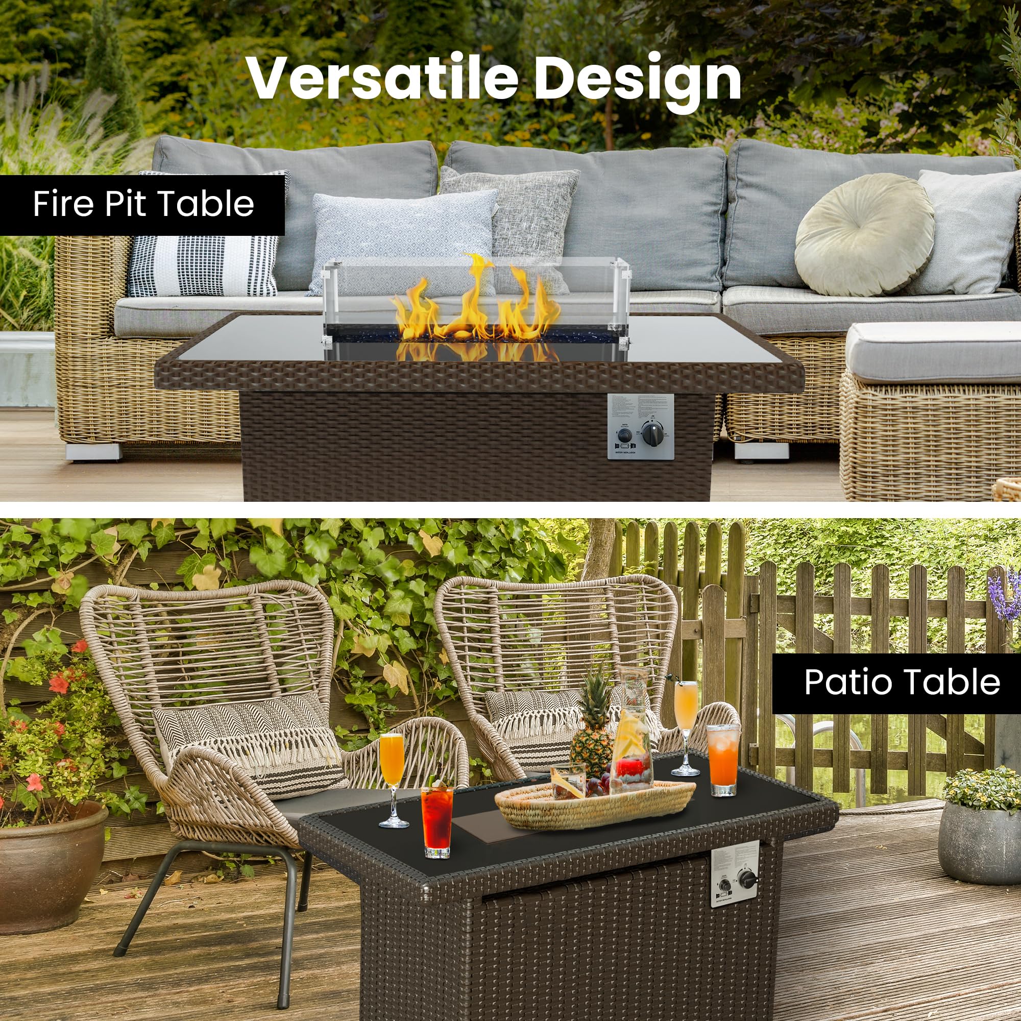 PRIMETEK 2-in-1 Fire Pit Table for Patio, Brown Wicker - 44", 50,000 BTU, Wind Guard, and Glass Rocks (FPH-BRN) (44 x 32 x 24 inch)