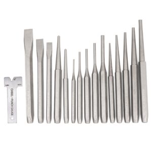 neiko 02626a punch and chisel set | 16 piece | cold chisels, taper, pin & center punches | chrome vanadium steel | roll up pouch | chisel tip gauge | ground and polished | tapered striking head