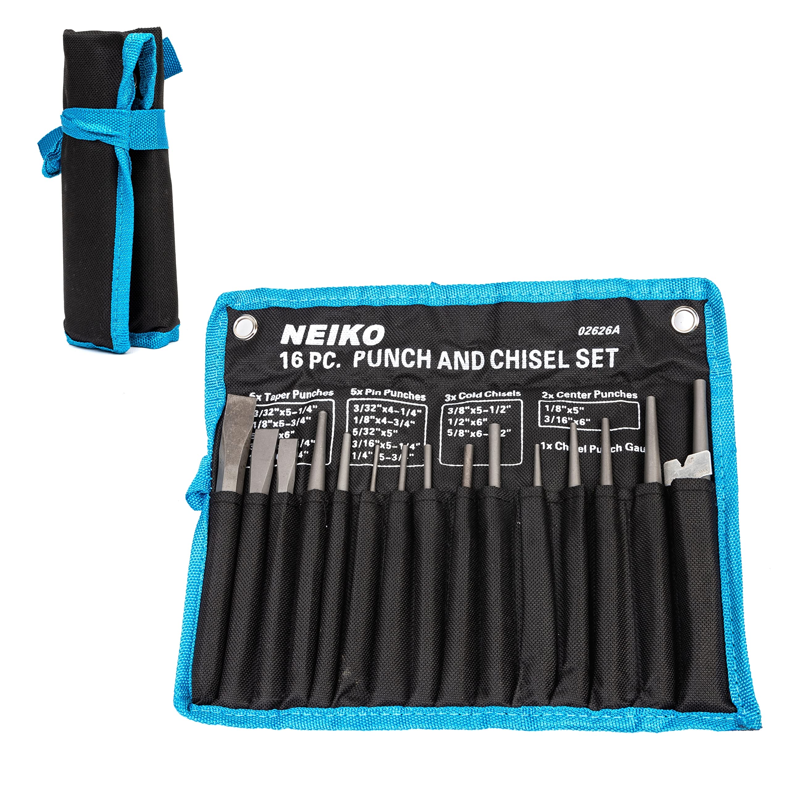 NEIKO 02626A Punch and Chisel Set | 16 Piece | Cold Chisels, Taper, Pin & Center Punches | Chrome Vanadium Steel | Roll Up Pouch | Chisel Tip Gauge | Ground and Polished | Tapered Striking Head