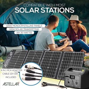 ASTELLAR Portable 120W Solar Panel - Solar Charging with Quadruple Outlet USB Port - 4 in 1 MC4 Adapter Cable Included - Monocrystalline Solar Panel for Camping, Backpacking, Travel