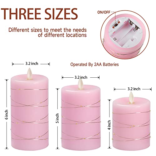 Fanzir Pink Flameless Candles with String Lights Battery Operated Flickering LED Pillar Candles 4‘’ 5‘’ 6‘’ Candle with Remote Control, Set of 3