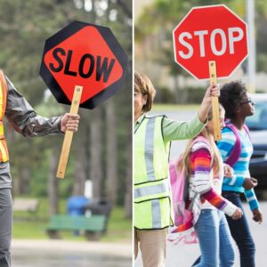 Stop Slow Sign with Bamboo Handle, 2-Pack 13" x 13" Double Sided Engineer Grade Aluminum Sign, Reflective,Sturdy, Easy to Assemble