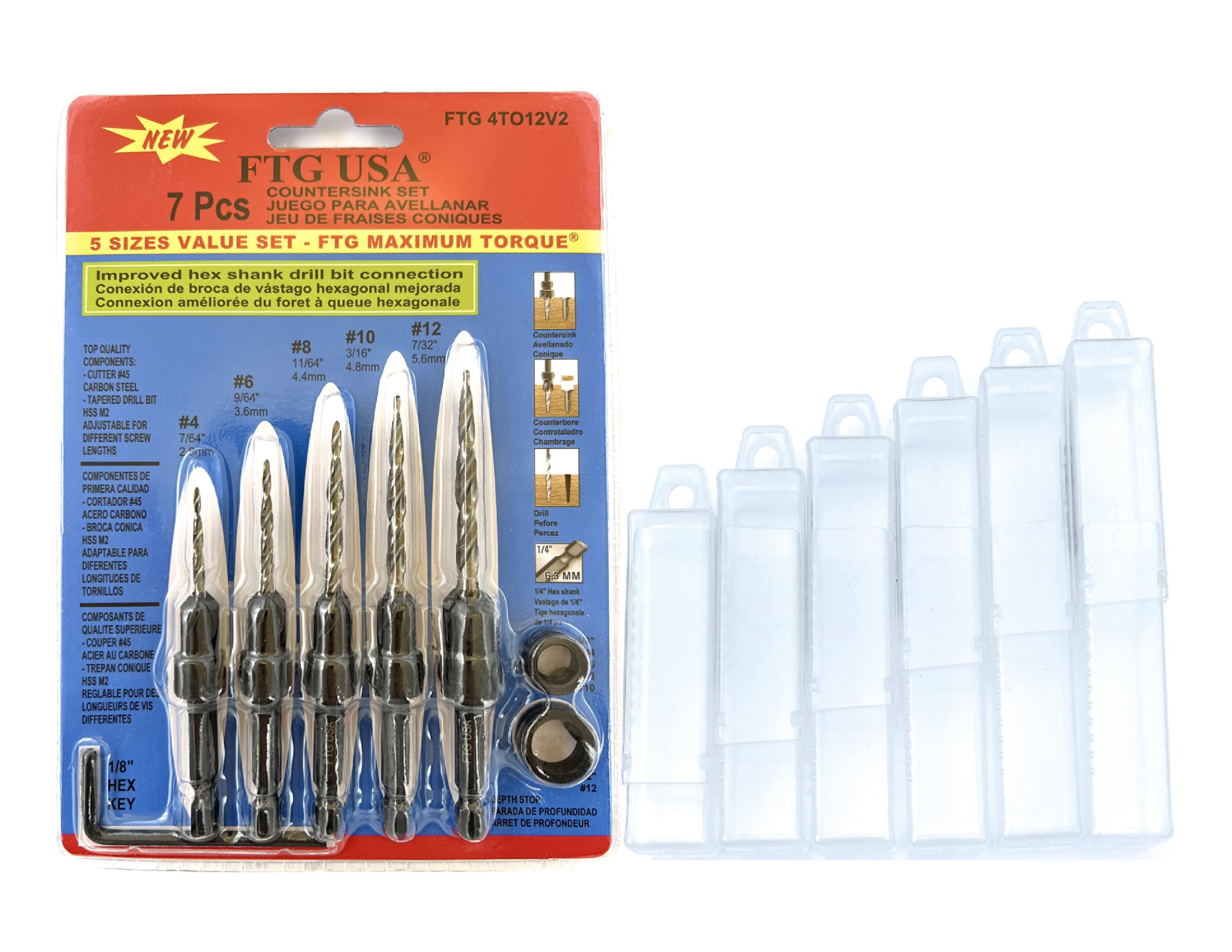 FTG USA Wood Countersink Drill Bit Set 5 Sizes Set Countersink #4, 6, 8, 10, 12 Tapered Drill Bits with Hex Shank Countersink bit, 2 Stop Collar, 1 Allen Wrench, 6 Storage Containers