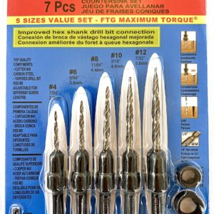 FTG USA Wood Countersink Drill Bit Set 5 Sizes Set Countersink #4, 6, 8, 10, 12 Tapered Drill Bits with Hex Shank Countersink bit, 2 Stop Collar, 1 Allen Wrench, 6 Storage Containers