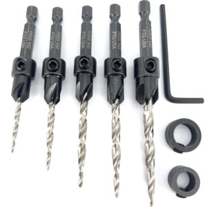 FTG USA Wood Countersink Drill Bit Set 5 Sizes Set Countersink #4, 6, 8, 10, 12 Tapered Drill Bits with Hex Shank Countersink bit, 2 Stop Collar, 1 Allen Wrench, 6 Storage Containers