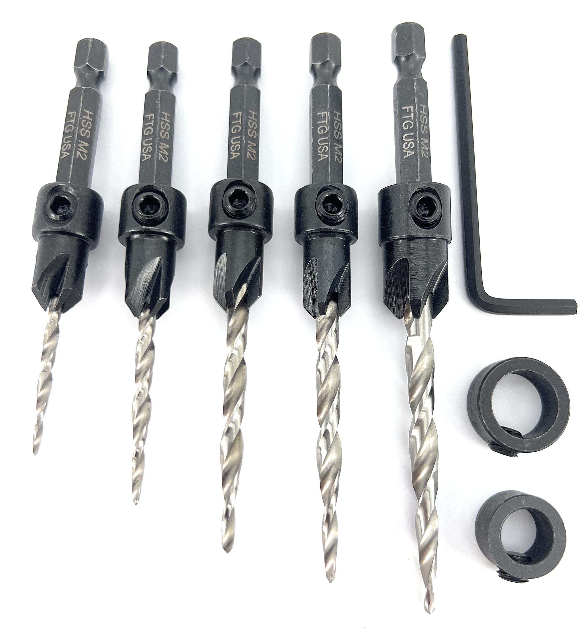 FTG USA Wood Countersink Drill Bit Set 5 Sizes Set Countersink #4, 6, 8, 10, 12 Tapered Drill Bits with Hex Shank Countersink bit, 2 Stop Collar, 1 Allen Wrench, 6 Storage Containers