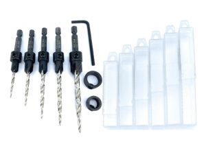 ftg usa wood countersink drill bit set 5 sizes set countersink #4, 6, 8, 10, 12 tapered drill bits with hex shank countersink bit, 2 stop collar, 1 allen wrench, 6 storage containers