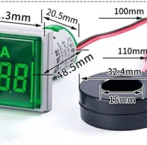 Szliyands Digital Display AC Current Indicator, 22mm Square Head LED Current Tester 0~100A Ammeter Monitor (Green)