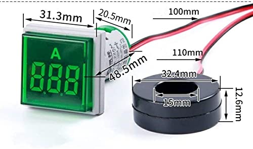 Szliyands Digital Display AC Current Indicator, 22mm Square Head LED Current Tester 0~100A Ammeter Monitor (Green)