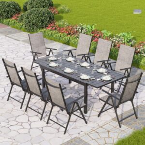 phi villa 9 piece patio dining set, outdoor dining set with patio furniture table chairs set, adjustable folding patio chairs & extendable metal steel table for garden