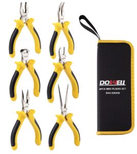 dowell 6-piece mini pliers set needle nose diagonal long nose bent nose end cutting and linesman for making crafts repairing electronic devices with pouch
