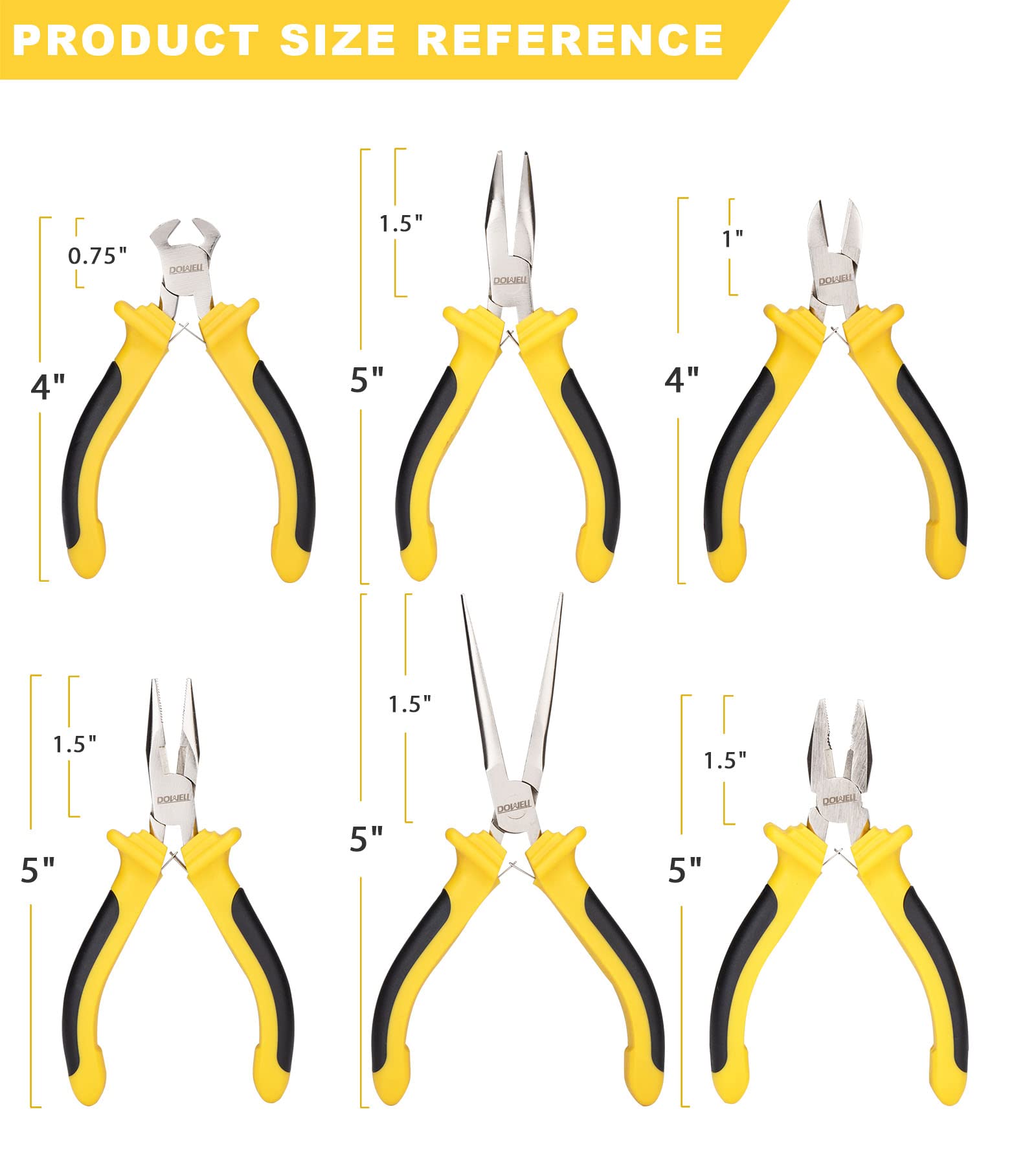 DOWELL 6-piece Mini Pliers Set Needle Nose Diagonal Long Nose Bent Nose End Cutting and Linesman for Making Crafts Repairing Electronic Devices with Pouch