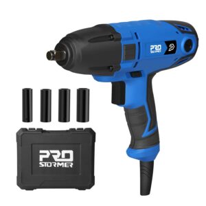 prostormer 7.5a electric impact wrench, 1/2 impact driver chuck, 3400 rpm power wrenches 450 ft-lbs max torque with 4 pcs impact sockets and carry case