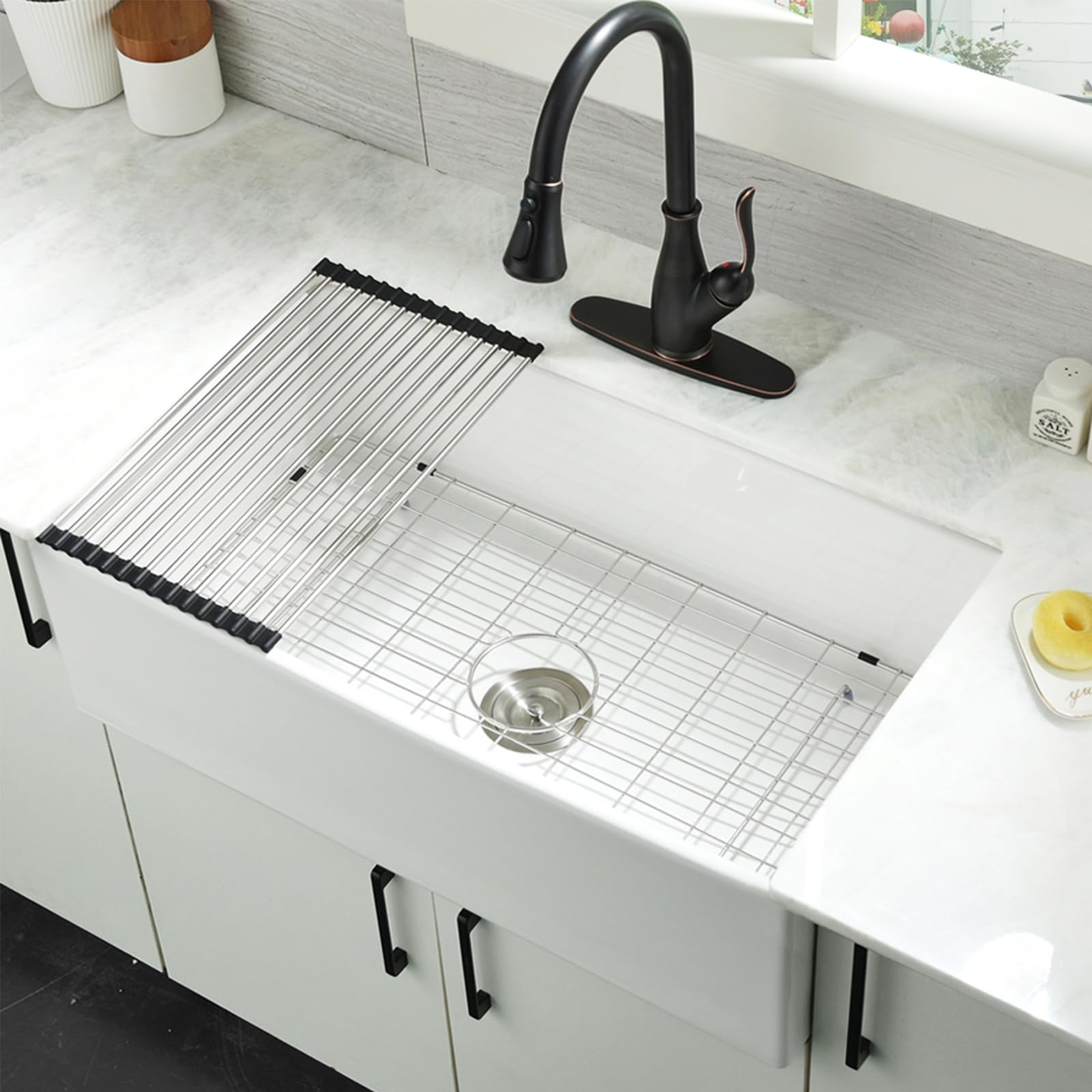 BoomHoze White Farmhouse Sink 33 inch Farmhouse Kitchen Sink Single Bowl Fireclay Apron Farm Sink Large Porcelain White Kitchen Sink Deep Farmers Sink