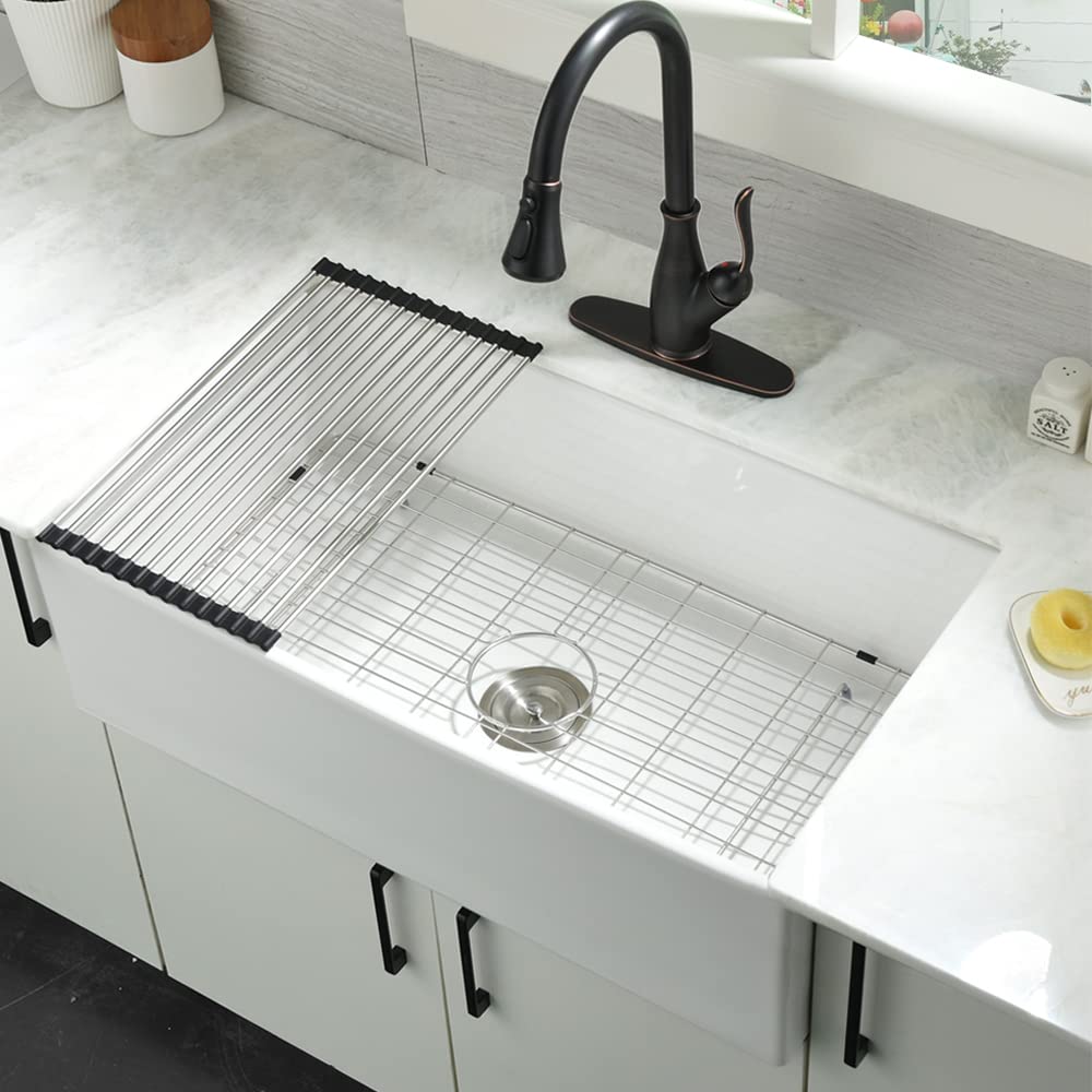 BoomHoze White Farmhouse Sink 33 inch Farmhouse Kitchen Sink Single Bowl Fireclay Apron Farm Sink Large Porcelain White Kitchen Sink Deep Farmers Sink