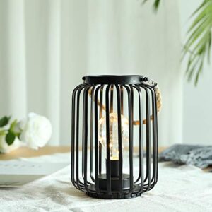 jhy design 7.5" high metal cage decorative lamp battery powered cordless warm white light with led edison style bulb great for weddings parties patio events indoors outdoors with hemp rope handle