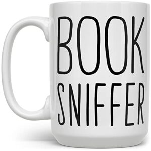 book sniffer coffee mug, funny bibliophile bookish cup, librarian bookworm bookstore lover gifts (15oz)