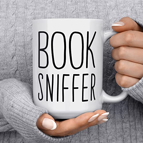 Book Sniffer Coffee Mug, Funny Bibliophile Bookish Cup, Librarian Bookworm Bookstore Lover Gifts (15oz)