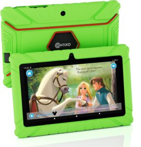 contixo v8 7” kids tablet, 2gb ram, 32gb storage, android 11 go, ultimate learning tablet for children with 50+ disney storybooks, kid proof protection case, green