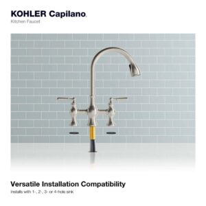 Kohler Capilano 2-Handle Bridge Farmhouse Pull-Down Kitchen Faucet with Soap Dispenser and Sweep Spray in Vibrant Stainless