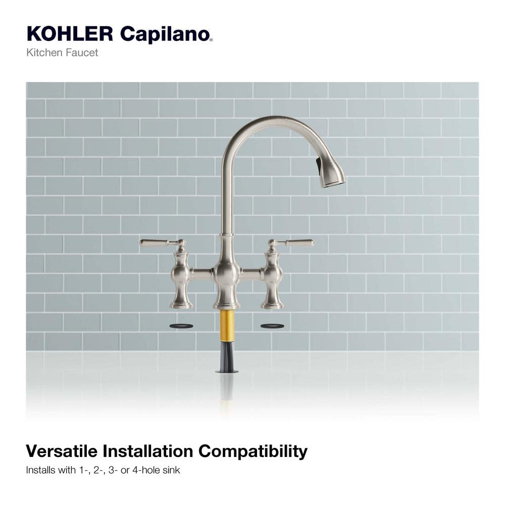 Kohler Capilano 2-Handle Bridge Farmhouse Pull-Down Kitchen Faucet with Soap Dispenser and Sweep Spray in Vibrant Stainless