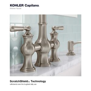 Kohler Capilano 2-Handle Bridge Farmhouse Pull-Down Kitchen Faucet with Soap Dispenser and Sweep Spray in Vibrant Stainless