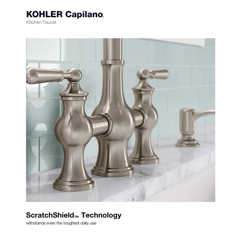 Kohler Capilano 2-Handle Bridge Farmhouse Pull-Down Kitchen Faucet with Soap Dispenser and Sweep Spray in Vibrant Stainless