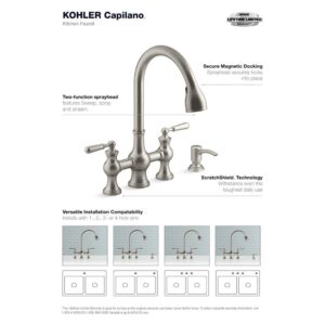 Kohler Capilano 2-Handle Bridge Farmhouse Pull-Down Kitchen Faucet with Soap Dispenser and Sweep Spray in Vibrant Stainless