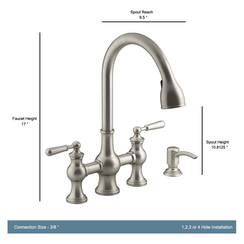 Kohler Capilano 2-Handle Bridge Farmhouse Pull-Down Kitchen Faucet with Soap Dispenser and Sweep Spray in Vibrant Stainless